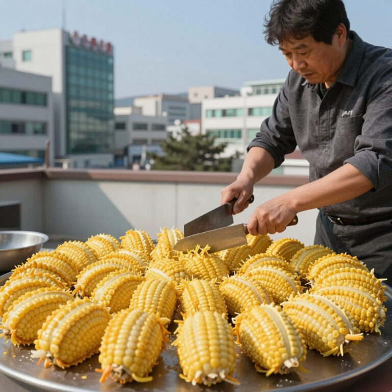 꼬치에 꽂힌 감자를 칼로 돌려가며 회오리 모양으로 자르는 모습