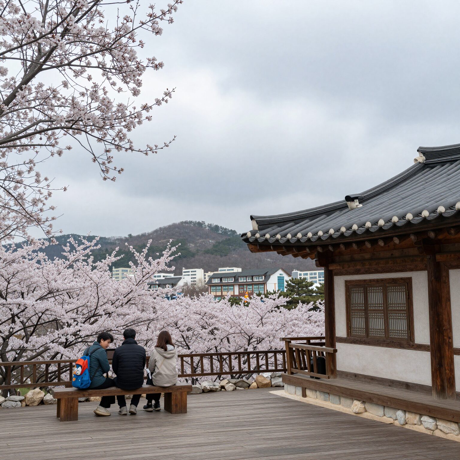 독용산성자연휴양림 회화나무 객실 테라스에서 바라본 성주호와 구름 하늘